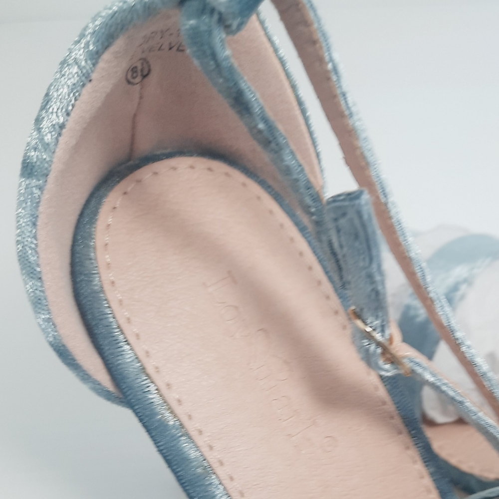 Velvet Crisscross Blue Heels Sz 8 , Sz 5,5 NEW - Picture 10 of 13
